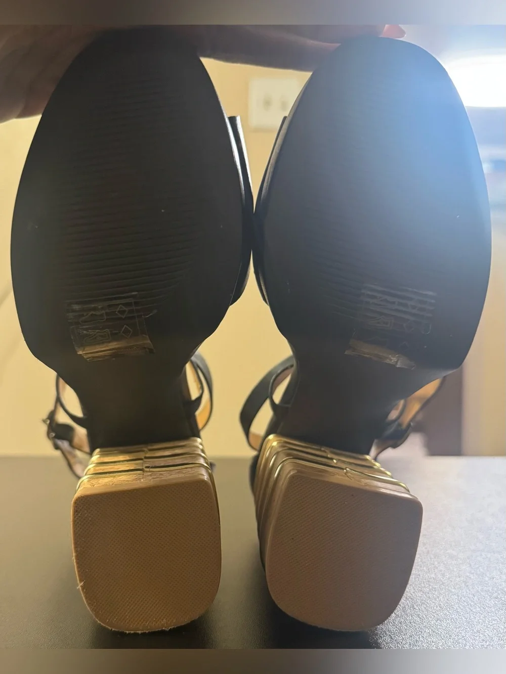 Qupid Black Platform Sandals with Cork Block Heel and Gold Accents